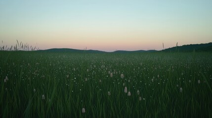 Fototapeta premium A serene landscape showcasing a field of grass with distant hills under a twilight sky.
