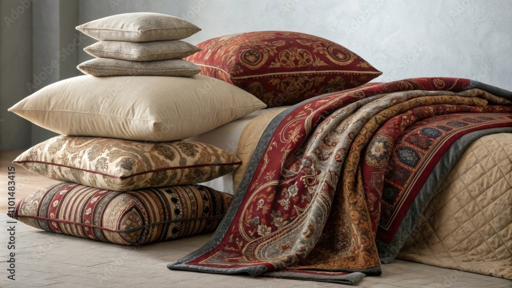 Poster richly patterned throw blankets layer over plush oversized pillows inviting relaxation and adding de