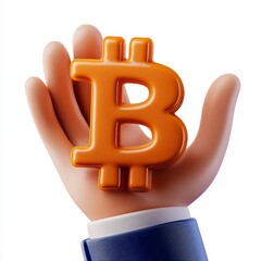3D of Bitcoin Logo Held by Cartoon-Style Hand in Minimalistic Design