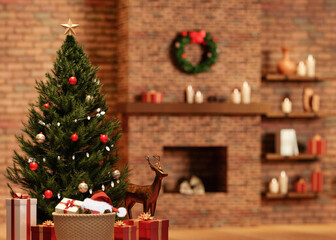Rustic Christmas Scene with Tree and Fireplace 3D Render