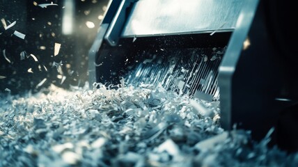 A shredder is shown with a pile of shredded paper on the floor. Concept of destruction and waste