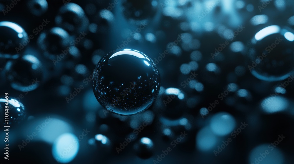 Poster a close-up view of floating bubbles in a dark, atmospheric environment.