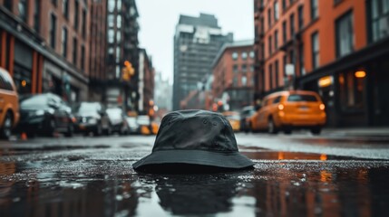 Centered black bucket hat in a rainy urban street with blurred buildings and yellow taxis in the...