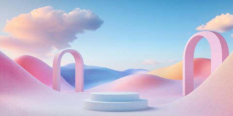 Pastel landscape scene with arches, podium. Soft pastel colors like pink, light blue create serene surreal atmosphere. Empty podium ideal for product display. Surrounding terrain soft curves.