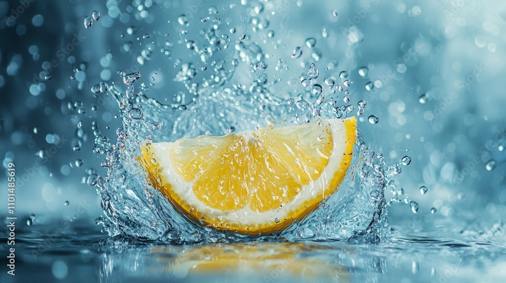 Poster lemon slice splashing into water with vibrant droplets