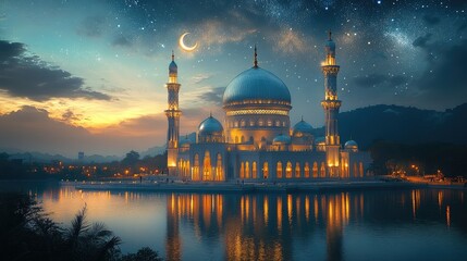 Naklejka premium A serene mosque illuminated at dusk, reflecting on water under a starry sky.
