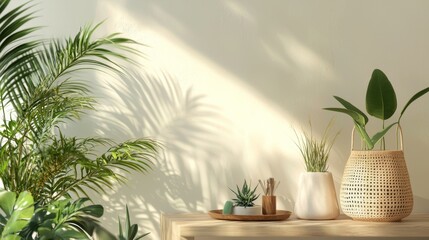 Obraz premium Modern interior with natural decor and leafy plants