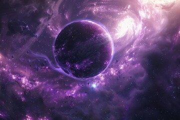Purple planet in a colorful nebula with glowing light and asteroids