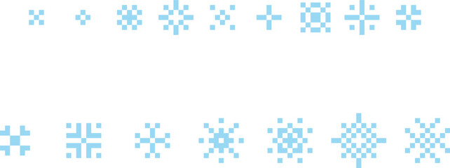 Pixel snowflakes set. Retro 8-bit video-game sprite symbols of winter snow stars. Frost glitter and sparkle collection. Vector isolated on white.