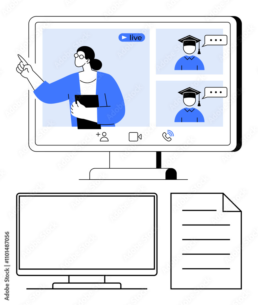 Poster monitor displaying online class with teacher and two students in graduation caps. additional blank s