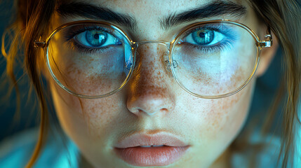 Close-up portrait of woman with glasses and intense blue eyes