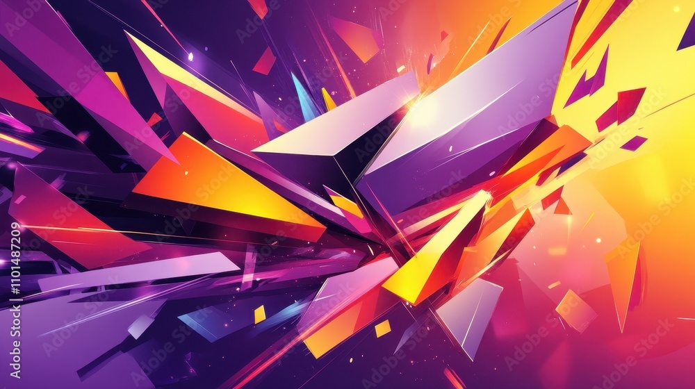 Poster a vibrant explosion of geometric shapes and colors, creating a dynamic abstract composition.