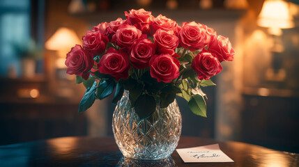 Elegant bouquet of red roses in luxurious restaurant decor setting