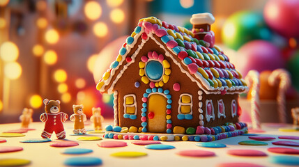 A gingerbread house styled for kids with colorful candy buttons