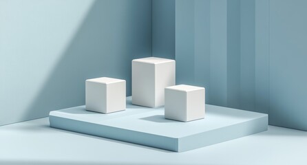 Fototapeta premium White 3D podium on a blue background with shadows. Aesthetic podium for beauty products.