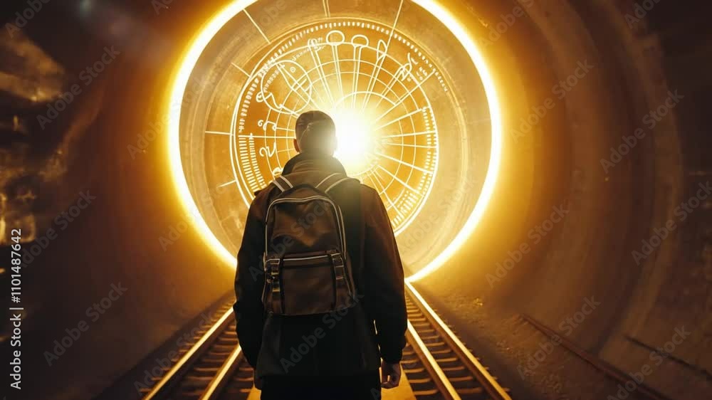 Poster A traveler with a backpack gazes into a glowing circular light at the tunnel's end. The atmosphere is dim, creating a sense of mystery and adventure in the underground setting.