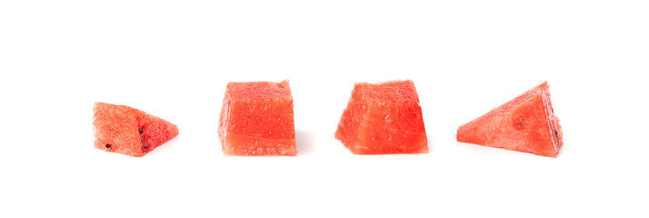 Watermelon pieces isolated. Water melon wedges pile, chopped Citrullus lanatus, red wassermelone cuts group