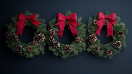 Three festive wreaths adorned with red bows and pinecones against a dark background.