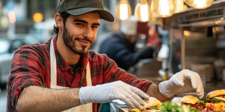 Food truck operator serving delicious meals with smile and gloves