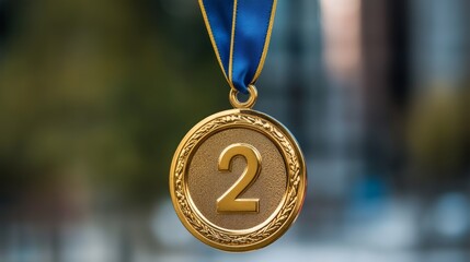 Gold medal for second place with ribbon on a blurred background. Medal for sports competitions. Copy space