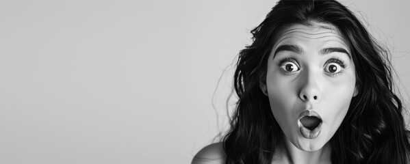 Young woman in shock and surprise with her mouth open on a background with free space