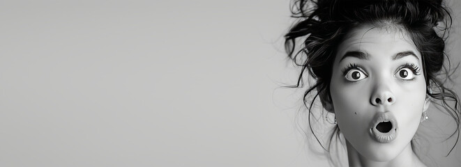 Young woman in shock and surprise with her mouth open on a background with free space