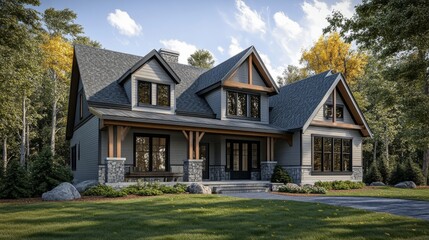 A front-facing shot of a newly constructed home with dormer windows on a sloped roof, highlighted by natural sunlight