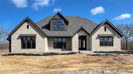 A front-facing shot of a newly constructed home with dormer windows on a sloped roof, highlighted by natural sunlight