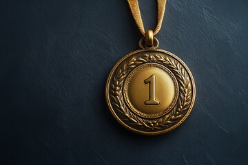 Medal on a ribbon for first place on a black background. Medal for sports competitions. Copy space