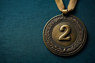 Medal on a ribbon for second place on a blue background. Medal for sports competitions. Copy space