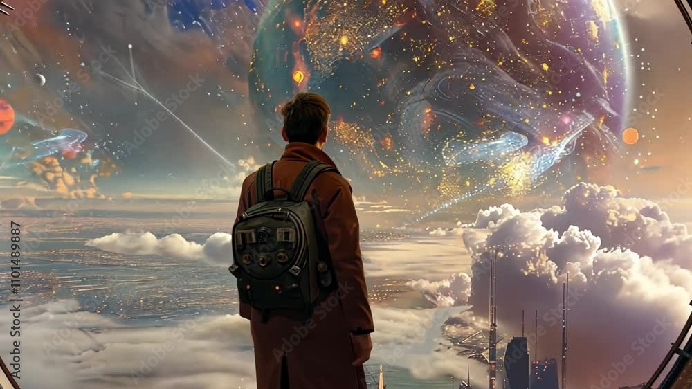 Poster A person stands in front of a large portal, observing a colorful and otherworldly planet in the sky. The atmosphere is surreal, with clouds and cosmic elements blending beautifully.