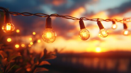 Warm string lights glowing against a vibrant sunset over a serene landscape.