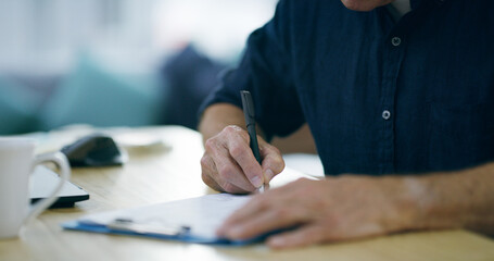 Hands, clipboard and writing in office with medical report for progress, wellness and compliance for insurance. Person, patient and signature with checklist for health, healing or paperwork at clinic