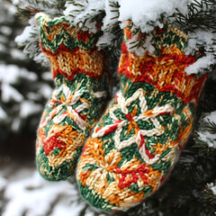 Obraz premium A pair of hand-knitted, multicolored socks with intricate patterns hanging on a snowy pine tree branch