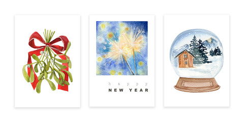 Watercolor set of three Christmas cards with mistletoe and bow, sparklers, snow globe with village house 