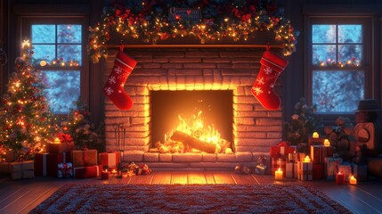 Cozy Christmas fireplace scene with decorated tree, presents, and stockings.