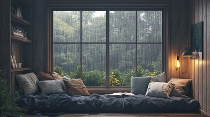 A serene rainy day scene with a large window, soft vintage lighting, rustic wood tones, and a cozy nook filled with pillows and throws