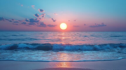 Obraz premium A serene sunset over the ocean, casting a colorful glow on the water and sky.