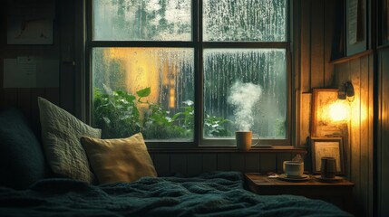 A snug corner with a large rain-covered window, illuminated by soft vintage light, with rustic tones and a steaming cup of coffee nearby