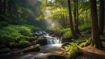 Obraz premium A small waterfall in a forest with sunlight shining through