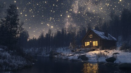 Obraz premium Cozy log cabin nestled in snowy winter forest under a starry night sky.