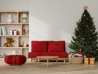 Obraz premium Festive Minimalist Living Room with Christmas Tree 3D Render