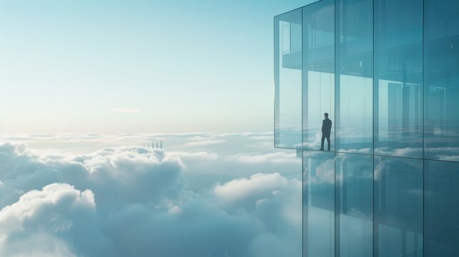 A serene image of a businessperson enjoying a scenic view from a glass-walled office located in a skyscraper, with clouds and a vast cityscape below