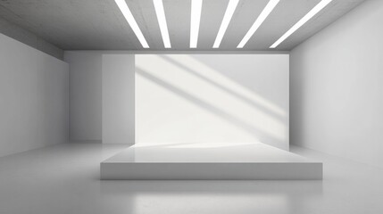 Blank white exhibition booth with overhead lights, clean background, ready for branding