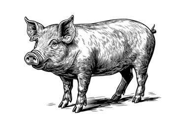 Fototapeta premium Pig, hog, boar. Vintage retro print, black white pig sketch ink pencil style drawing, linear drawing, engrave old school. Sketch artwork silhouette pig, hog, boar. Side view profile. Illustration