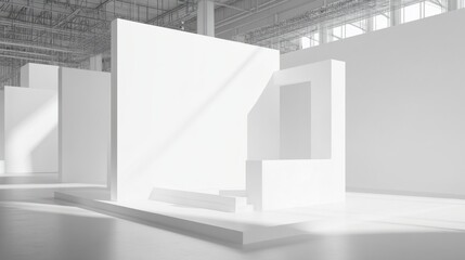 Fototapeta premium Blank white trade show booth with high walls and ample space for product presentation