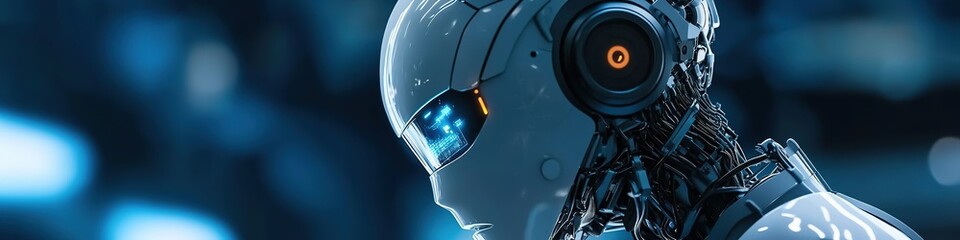 Obraz premium Futuristic robot with glowing eye, intricate details.