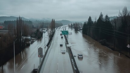 Obraz premium A highway covered in floodwater, traffic signs barely visible above water, stranded vehicles, overcast skies, 