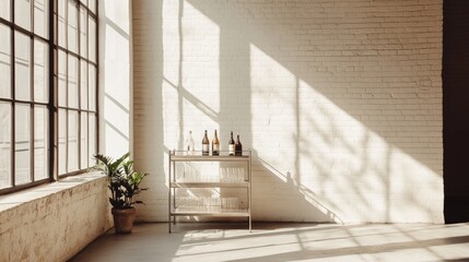Obraz premium Minimalist bar cart with sleek shelves standing beside a large window in a sunlit, empty modern room