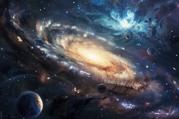 Fototapeta premium Colorful spiral galaxy with glowing center and multiple planets
